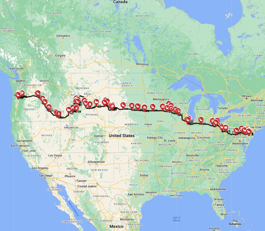 RV route planner USA Philadelphia to Portland motorhome trip plan